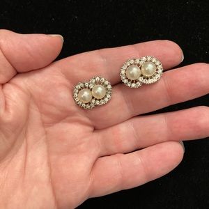 Vintage Faux Pearl and Rhinestone Silver Tone Clip Earrings